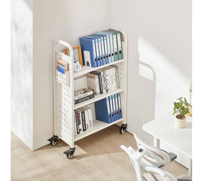 Trijų aukštų knygų vežimėlis su V formos lentynomis7