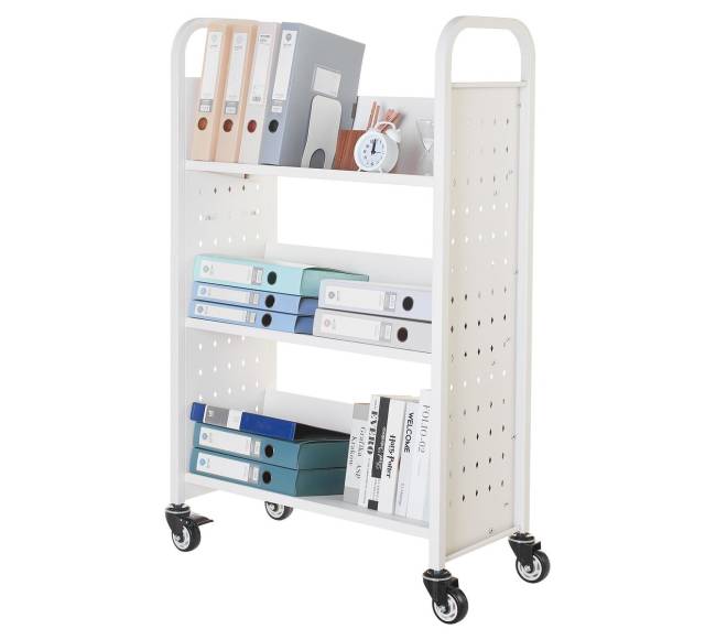 Trijų aukštų knygų vežimėlis su V formos lentynomis8