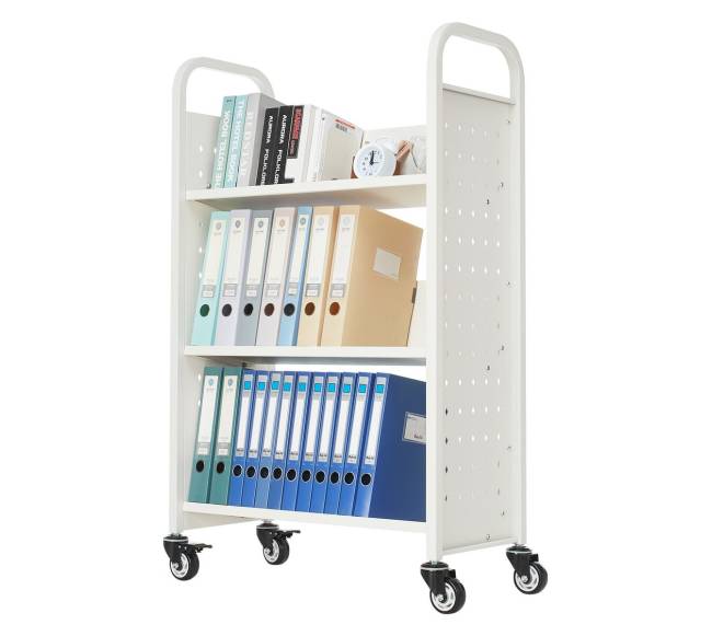 Trijų aukštų knygų vežimėlis su V formos lentynomis10