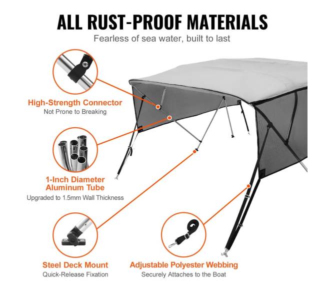 4 lankų bimini viršus laivui, šviesiai pilkas4