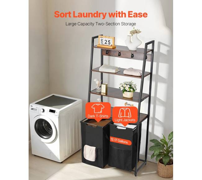 4 lygių skalbinių rūšiuoklė su lentynomis ir kabliais2