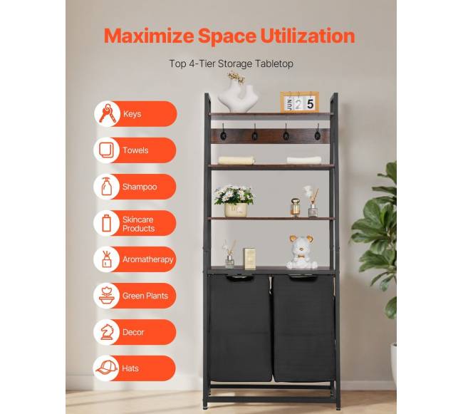 4 lygių skalbinių rūšiuoklė su lentynomis ir kabliais5