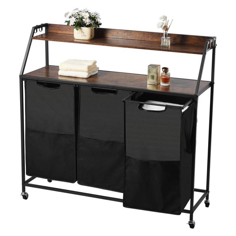 Dviaukštis skalbinių krepšys su ratais ir kabliais0