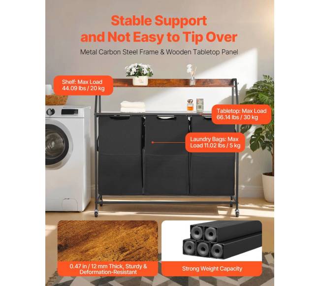 Dviaukštis skalbinių krepšys su ratais ir kabliais1