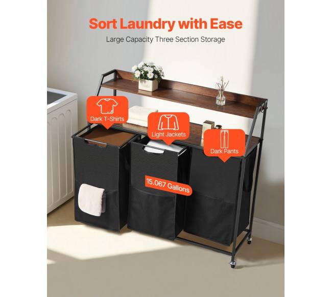 Dviaukštis skalbinių krepšys su ratais ir kabliais2