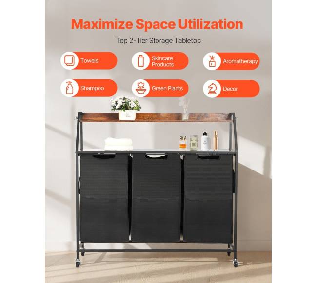 Dviaukštis skalbinių krepšys su ratais ir kabliais5