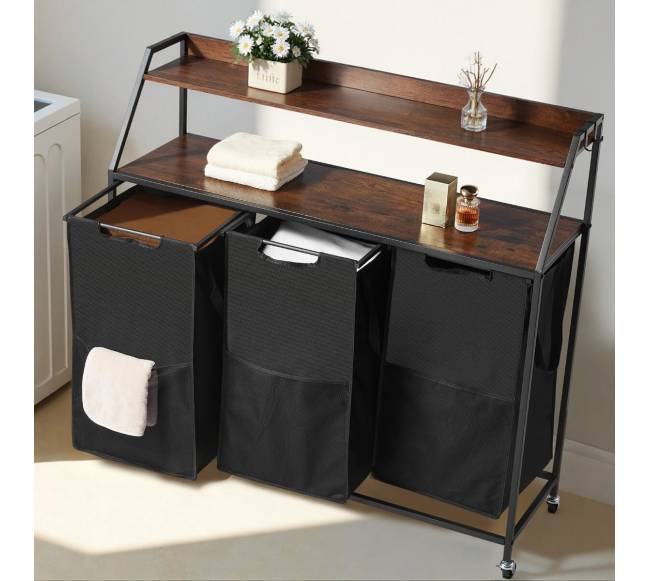 Dviaukštis skalbinių krepšys su ratais ir kabliais7