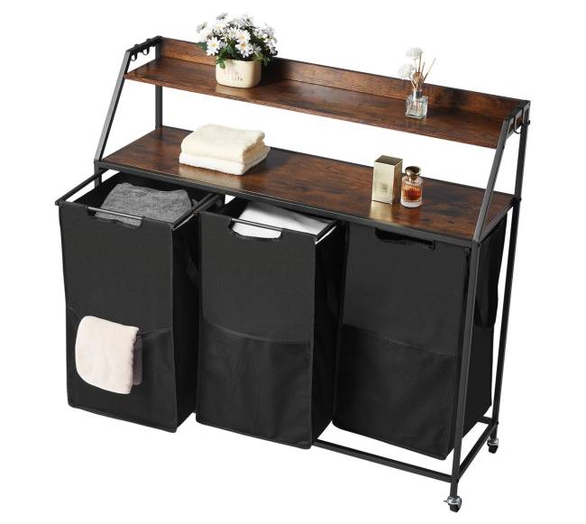 Dviaukštis skalbinių krepšys su ratais ir kabliais8