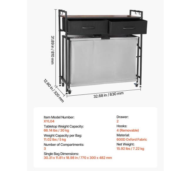 3 dalių skalbinių rūšiavimo vežimėlis su stalčiais6