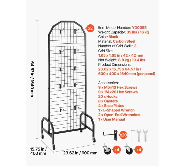 2 vnt. 600 x 1640 mm tinklinė sienelė su ratukais ir kabliukais6
