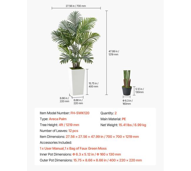 121 cm dirbtinės arekos palmės su vazonu6