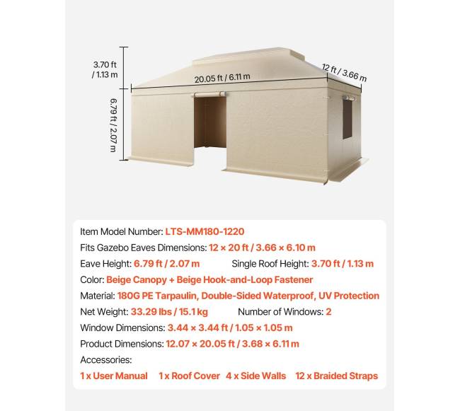 Žiemos pavėsinės uždangalas 3,66 x 6,10 m kietviršėms pavėsinėms6