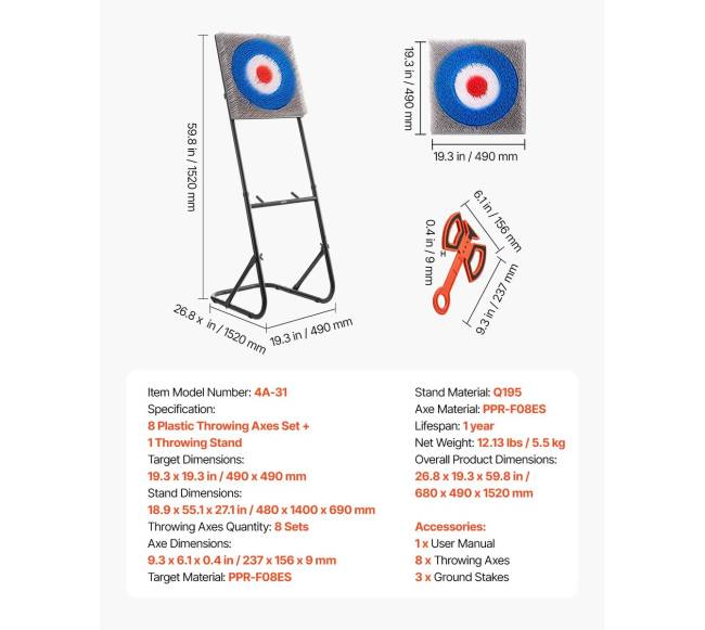 Kirvių mėtymo rinkinys su plastikiniu taikiniu6