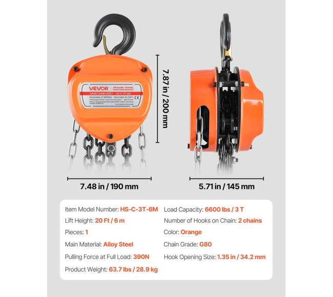 Rankinis grandininis keltuvas, 3 t, 6 m6