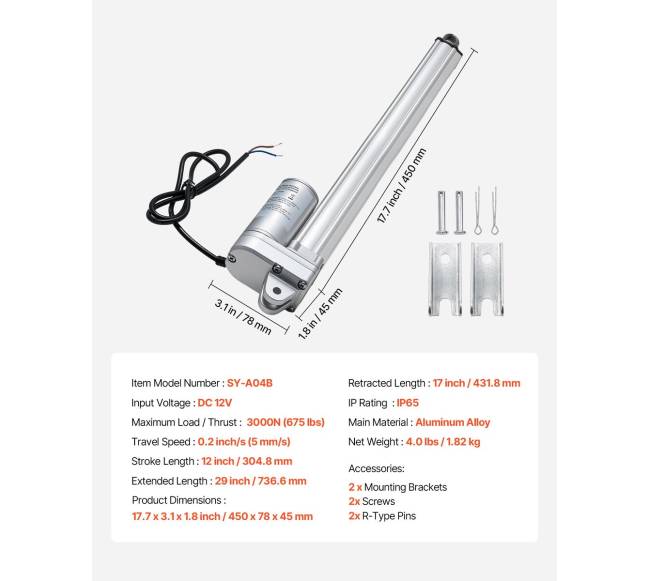 12V linijinis pavaras, 305 mm eiga, IP656