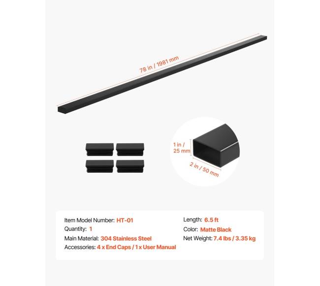 Nerūdijančio plieno turėklai, 198 cm, juodi6