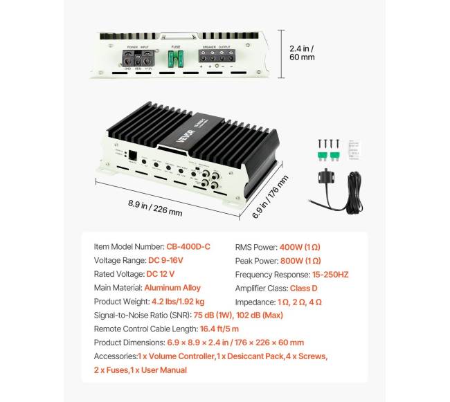 Automobilio vieno kanalo stiprintuvas 400 W6