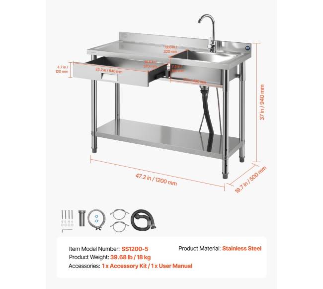 Nerūdijančio plieno vienos talpos virtuvės kriauklė su stalčiumi6