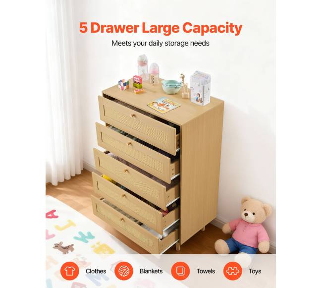 Penkių stalčių pintinė komoda miegamajam1