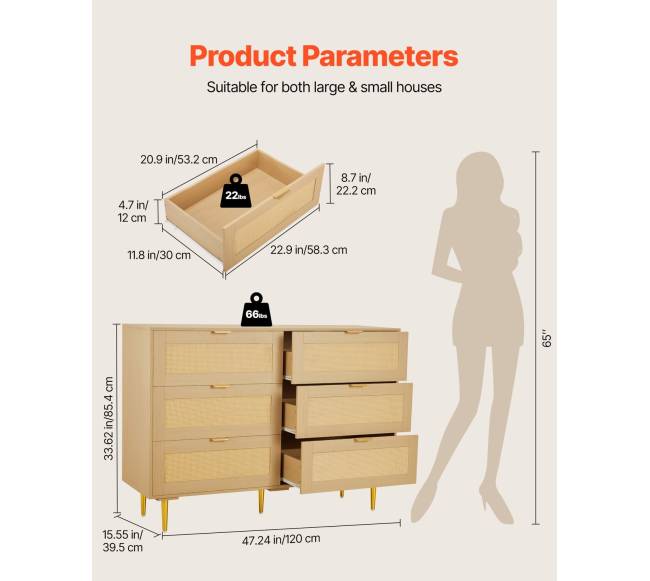 6 stalčių rotango komoda su metalinėmis rankenėlėmis2