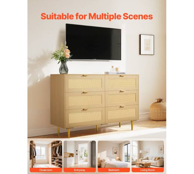 6 stalčių rotango komoda su metalinėmis rankenėlėmis6