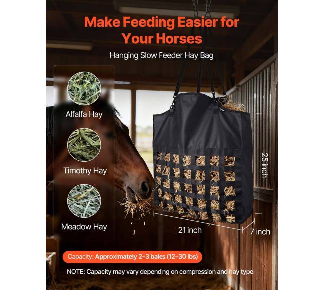 Žirgams skirtas šieno maišas su lėtu šėrimu1