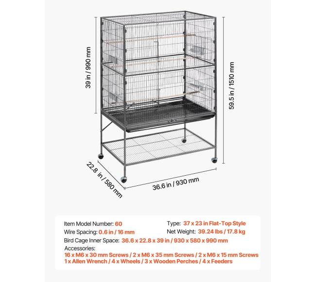 Paukščių narvas 930 x 580 x 1510 mm su lygiu stogu6