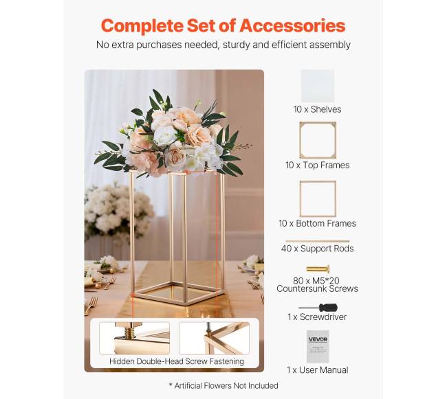 Auksinės vestuvių gėlių stovai, 10 vnt., 40 cm4