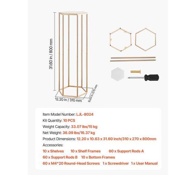 Auksinė šešiakampė gėlių stovas vestuvėms6