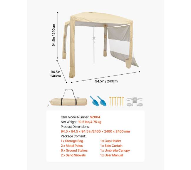Paplūdimio pastogė su šonine siena, 2,4 x 2,4 m6