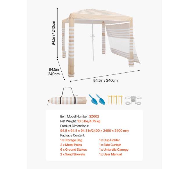 Paplūdimio pavėsinė su šonine sienele, 2,4 x 2,4 m6