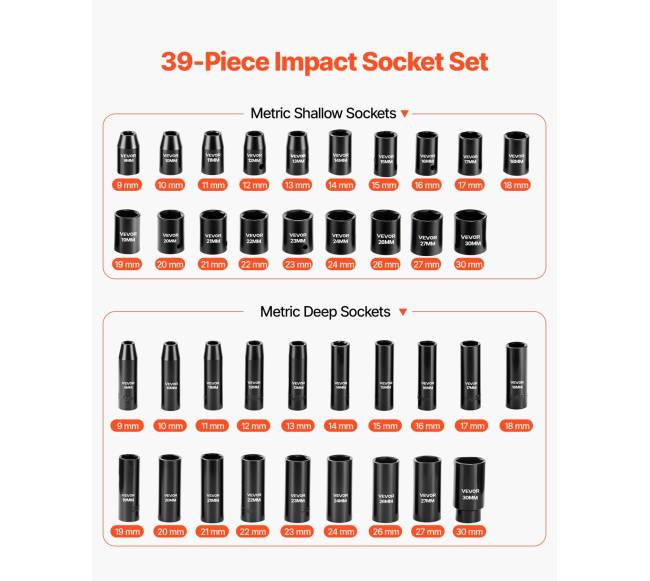 12 colių smūginių galvučių rinkinys, 39 dalys2