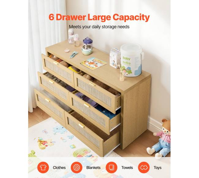 6 stalčių pintas komoda su metalinėmis rankenėlėmis1