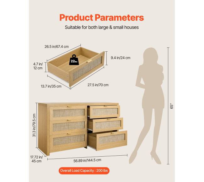 6 stalčių pintas komoda su metalinėmis rankenėlėmis2