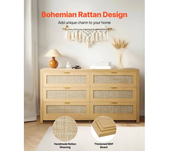 6 stalčių pintas komoda su metalinėmis rankenėlėmis3