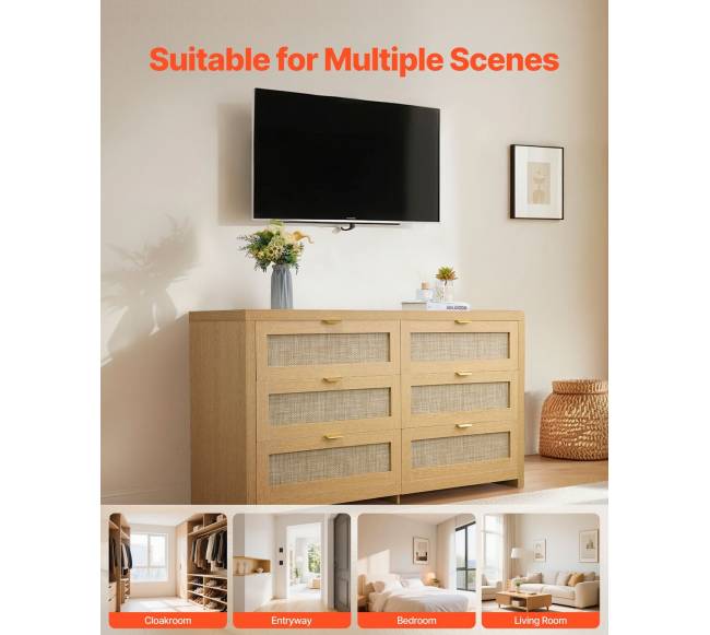 6 stalčių pintas komoda su metalinėmis rankenėlėmis6