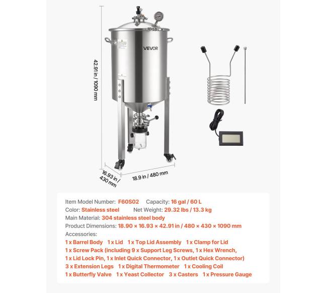 Nerūdijančio plieno kūginis fermentatorius, 60 l6