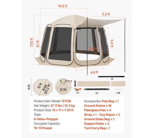 Didelis lauko palapinės stogelis su tinklu6