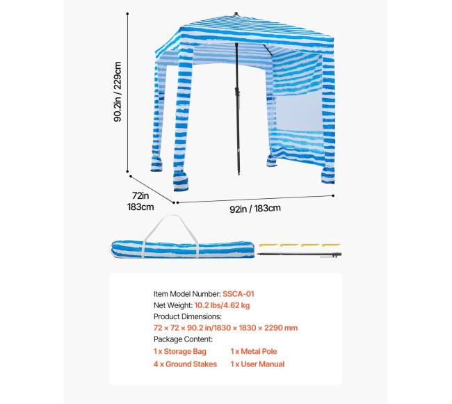 Paplūdimio pavėsinė su sienele, 183 x 183 cm6