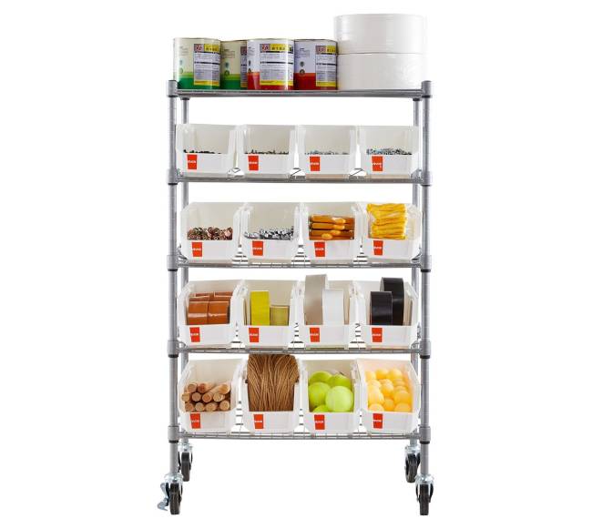 5 lygių riedanti stelažas su dėžėmis0