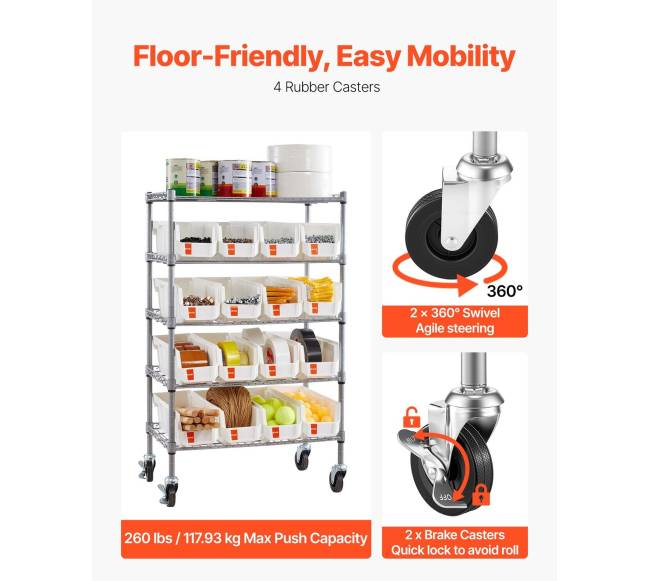 5 lygių riedanti stelažas su dėžėmis4