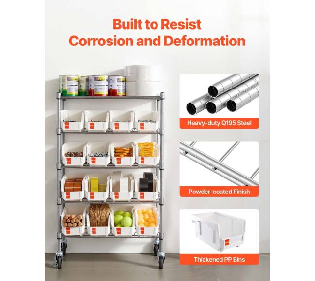 5 lygių riedanti stelažas su dėžėmis5