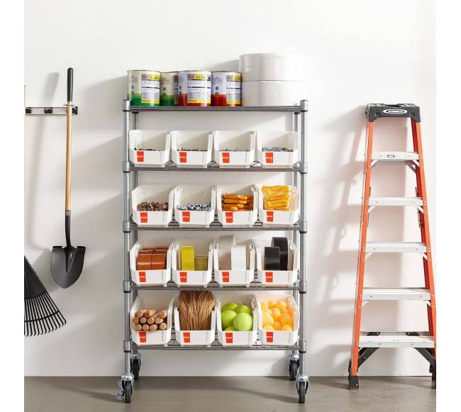 5 lygių riedanti stelažas su dėžėmis7