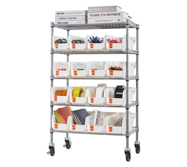 5 lygių riedanti stelažas su dėžėmis8