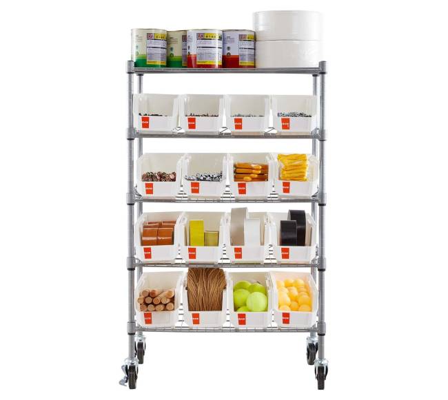 5 lygių riedanti stelažas su dėžėmis9