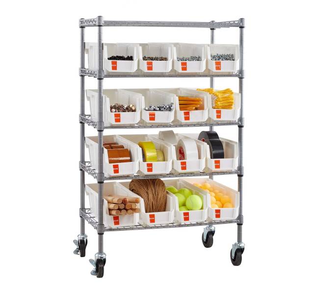 5 lygių riedanti stelažas su dėžėmis10