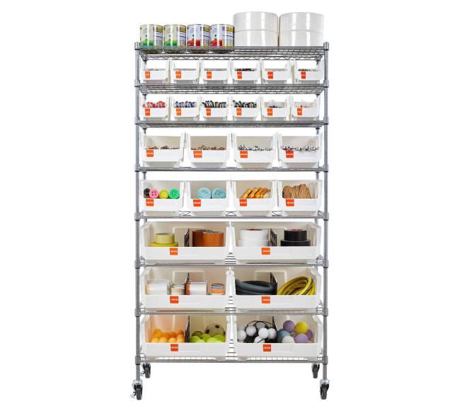 8 lygių riedantis laikymo stelažas su 26 dėžutėmis0