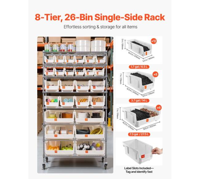 8 lygių riedantis laikymo stelažas su 26 dėžutėmis1