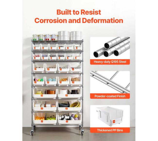 8 lygių riedantis laikymo stelažas su 26 dėžutėmis5