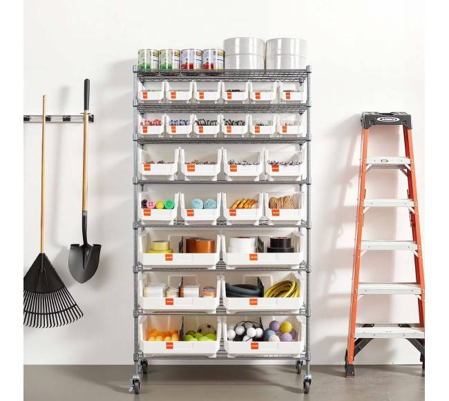 8 lygių riedantis laikymo stelažas su 26 dėžutėmis7